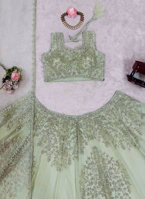 Pista Green Net Embroidered Lehenga Choli Set With Dupatta 4