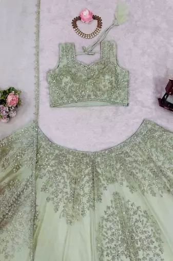Pista Green Net Embroidered Lehenga Choli Set With Dupatta