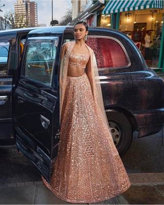 Peach Color Rainbow Sequins And Dori Work All Over Net Lehenga Choli 1