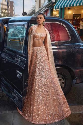 Peach Color Rainbow Sequins And Dori Work All Over Net Lehenga Choli