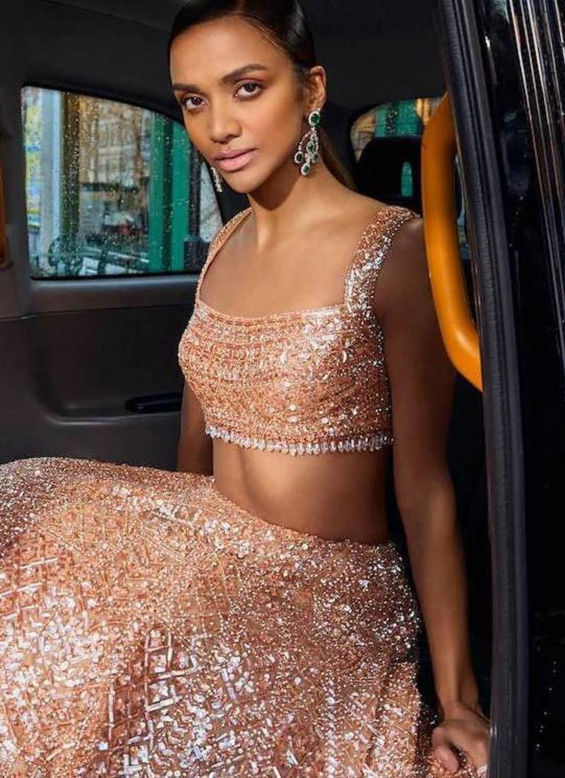 Peach Color Rainbow Sequins And Dori Work All Over Net Lehenga Choli