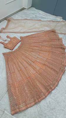 Peach Color Rainbow Sequins And Dori Work All Over Net Lehenga Choli 3