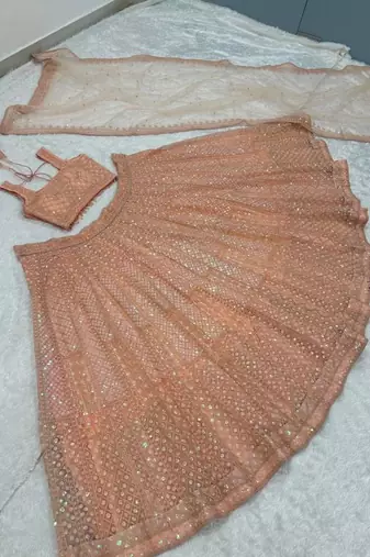 Peach Color Rainbow Sequins And Dori Work All Over Net Lehenga Choli