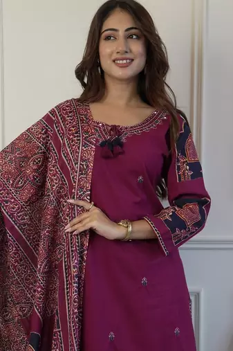 Dark lavender cotton printed printed purpal duptta suit set