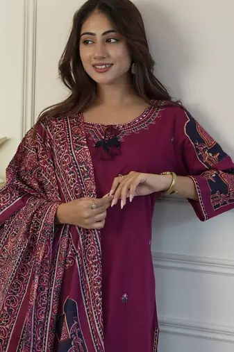Dark lavender cotton printed printed purpal duptta suit set