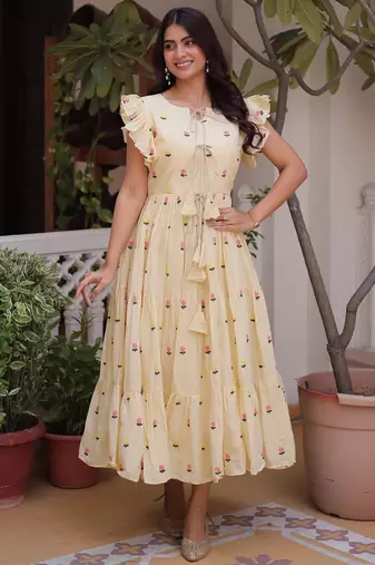 Incredible Cream Embroidered Cotton Daily Wear Dress