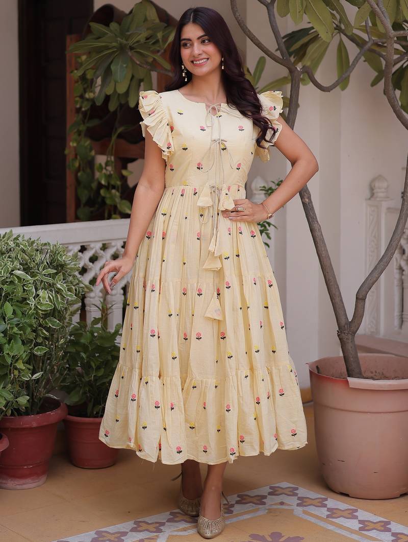Incredible Cream Embroidered Cotton Daily Wear Dress