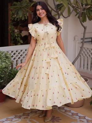 Incredible Cream Embroidered Cotton Daily Wear Dress 3