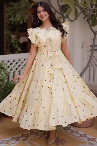 Incredible Cream Embroidered Cotton Daily Wear Dress