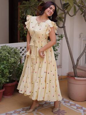 Incredible Cream Embroidered Cotton Daily Wear Dress 4