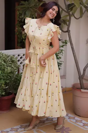 Incredible Cream Embroidered Cotton Daily Wear Dress