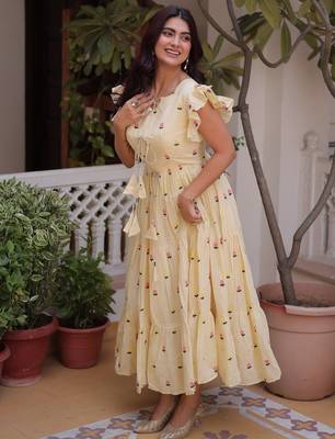 Incredible Cream Embroidered Cotton Daily Wear Dress 5