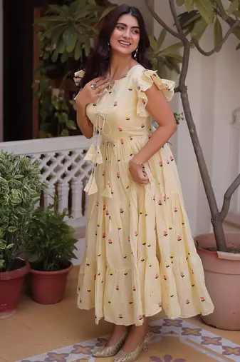 Incredible Cream Embroidered Cotton Daily Wear Dress