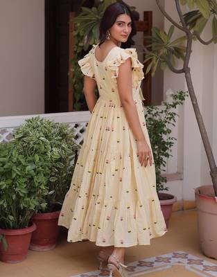 Incredible Cream Embroidered Cotton Daily Wear Dress 6