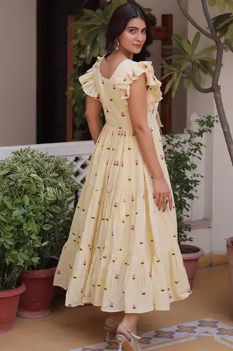 Incredible Cream Embroidered Cotton Daily Wear Dress