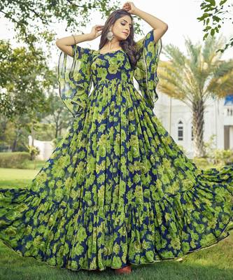 Women green floral print georgette fit & flare gown 1