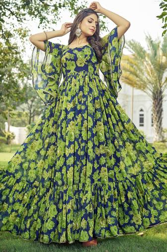 Women green floral print georgette fit & flare gown
