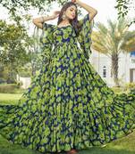 Women green floral print georgette fit & flare gown
