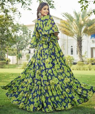 Women green floral print georgette fit & flare gown 2