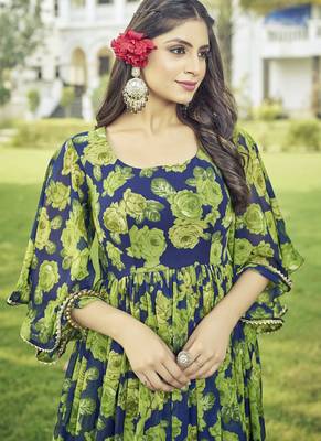 Women green floral print georgette fit & flare gown 4