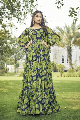 Women green floral print georgette fit & flare gown 5