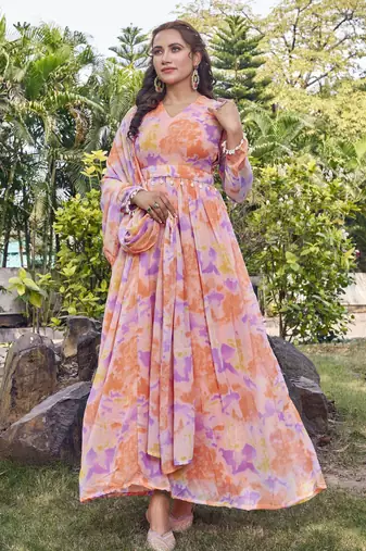 Women peach tie dye georgette fit & flare gown