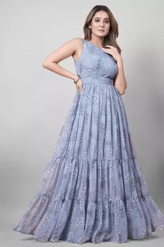 Women grey geometric print pattern georgette fit & flare gown