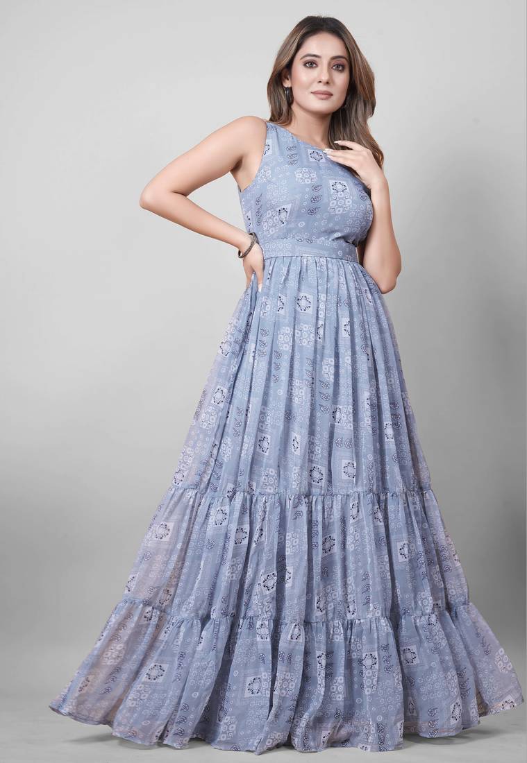 Women grey geometric print pattern georgette fit & flare gown