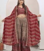 maroon silk blend indo western with bandhani print design
