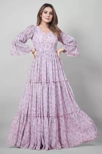 Women pink all-over floral print georgette fit & flare gown