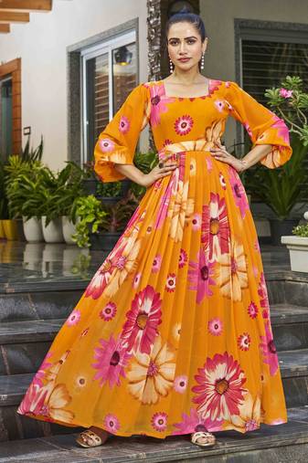 Women mustard all-over floral print georgette fit & flare gown
