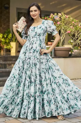 Women turquoise blue all-over floral print georgette fit & flare gown