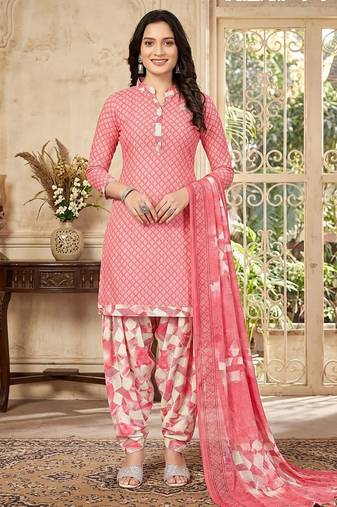 Pink printed cotton blend stitched geometric print salwar kurta dupatta for women