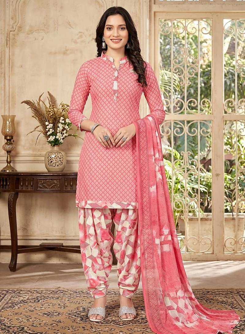 Pink printed cotton blend stitched geometric print salwar kurta dupatta for women