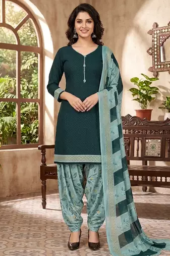 Green printed cotton blend stitched geometric print salwar kurta dupatta for women