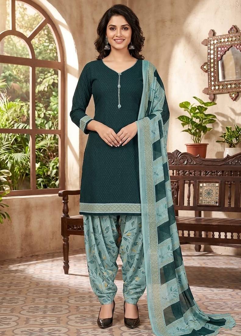 Green printed cotton blend stitched geometric print salwar kurta dupatta for women