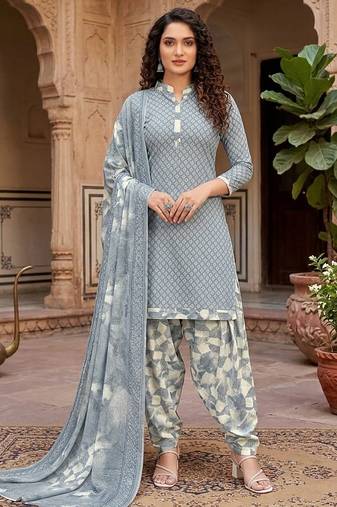 Grey printed cotton blend stitched geometric print salwar kurta dupatta for women