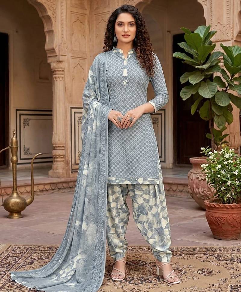 Grey printed cotton blend stitched geometric print salwar kurta dupatta for women