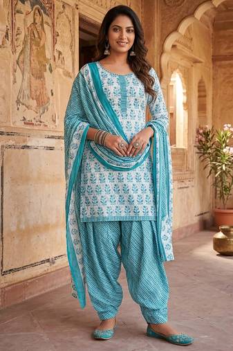 Blue printed cotton blend stitched floral print salwar kurta dupatta for women