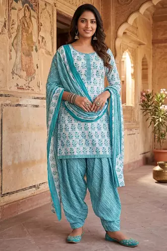 Blue printed cotton blend stitched floral print salwar kurta dupatta for women