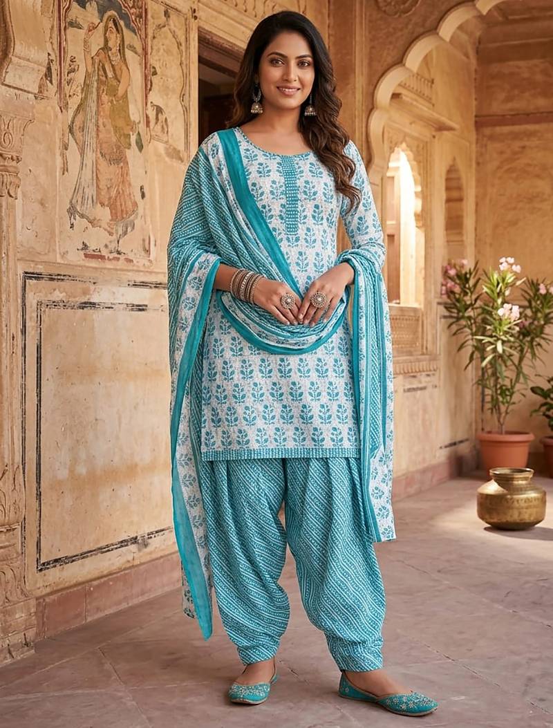 Blue printed cotton blend stitched floral print salwar kurta dupatta for women