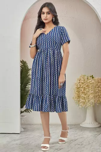 Women blue geometric striped print poly cotton fit & flare gown