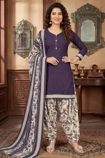 Purple printed cotton blend stitched geometric print salwar kurta dupatta for women