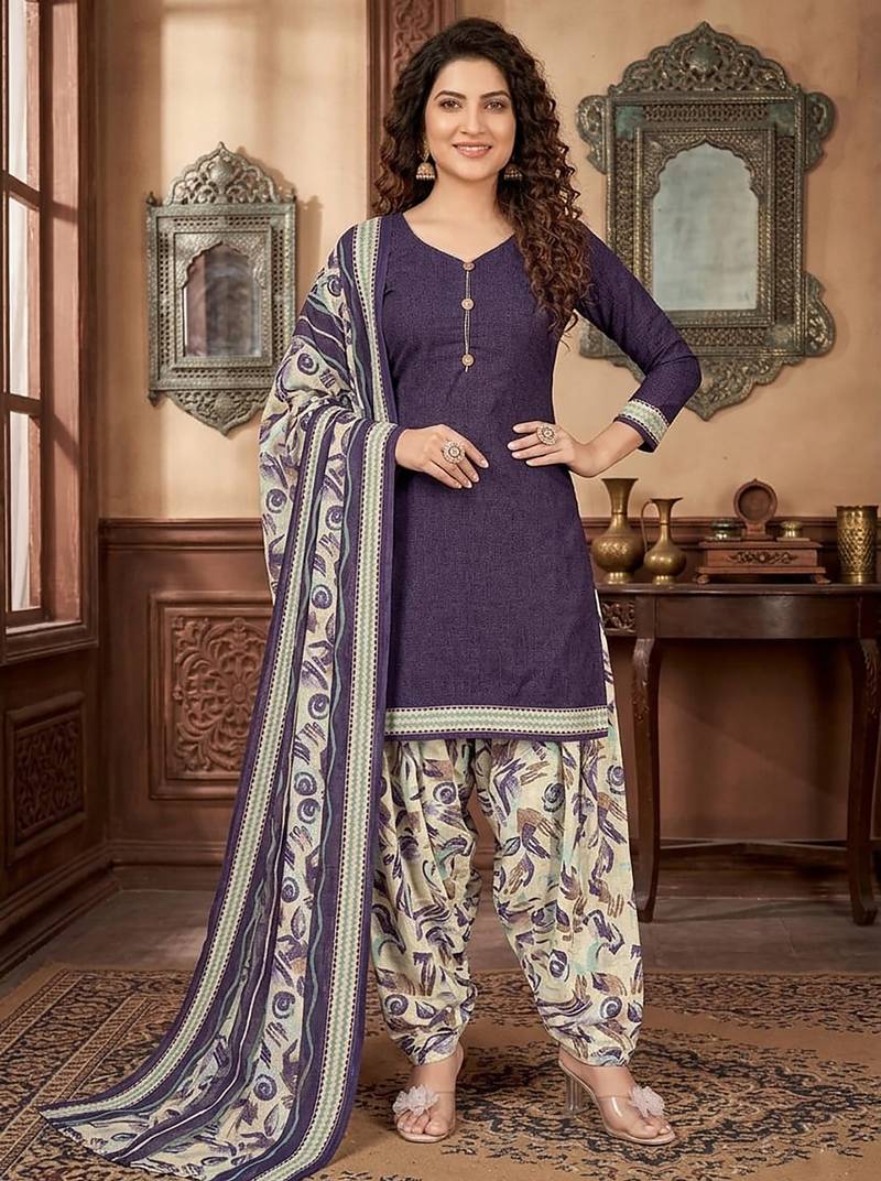 Purple printed cotton blend stitched geometric print salwar kurta dupatta for women