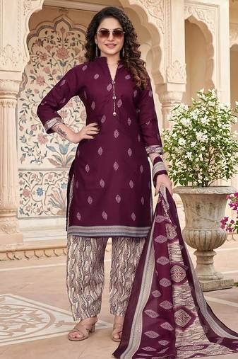 Purple printed cotton blend stitched geometric print salwar kurta dupatta for women