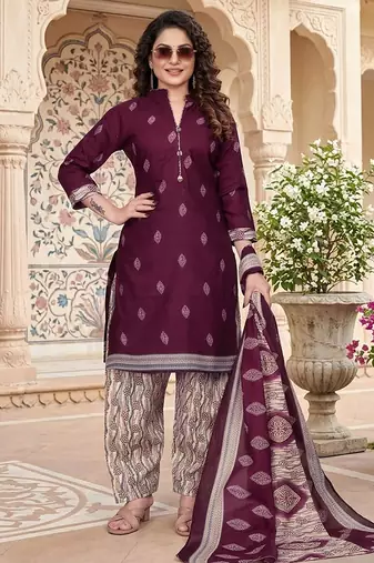 Purple printed cotton blend stitched geometric print salwar kurta dupatta for women