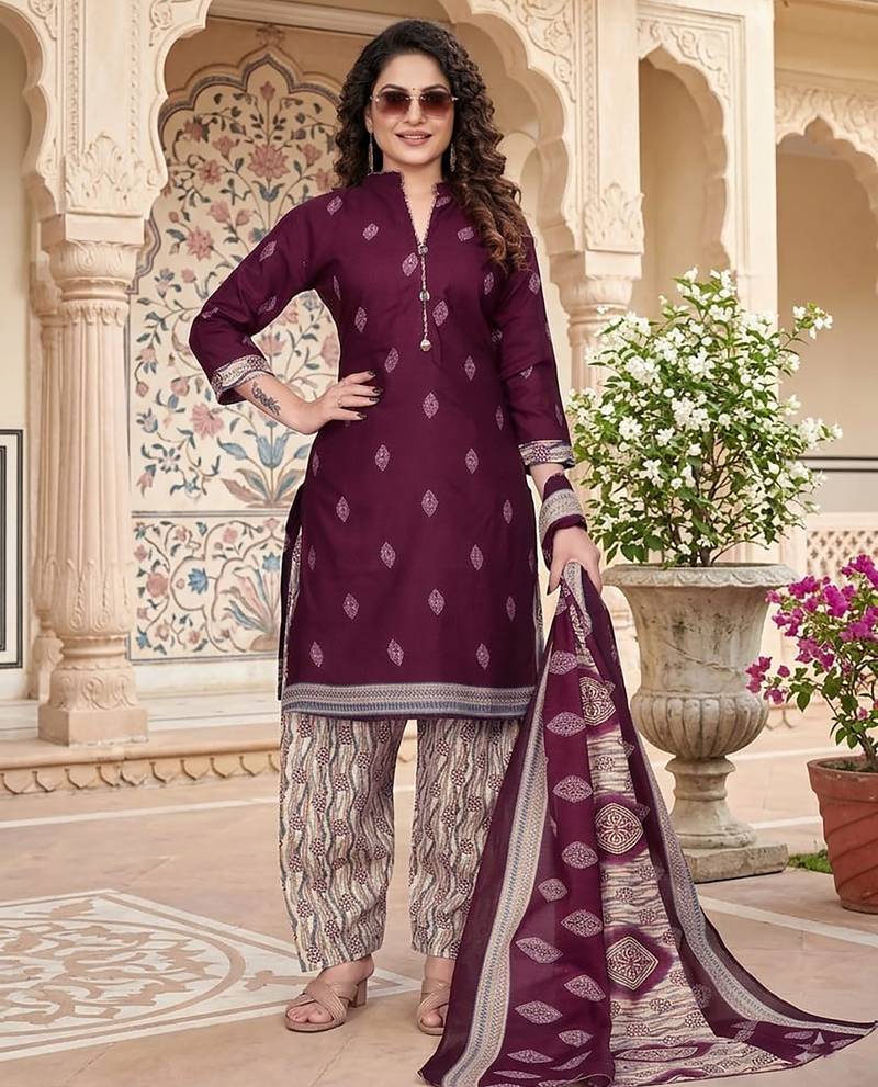 Purple printed cotton blend stitched geometric print salwar kurta dupatta for women