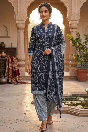 Blue printed cotton blend stitched geometric print salwar kurta dupatta for women