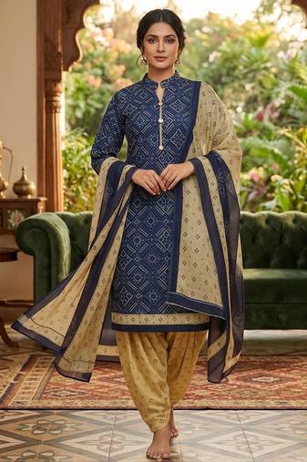 Blue printed cotton blend stitched geometric print salwar kurta dupatta for women