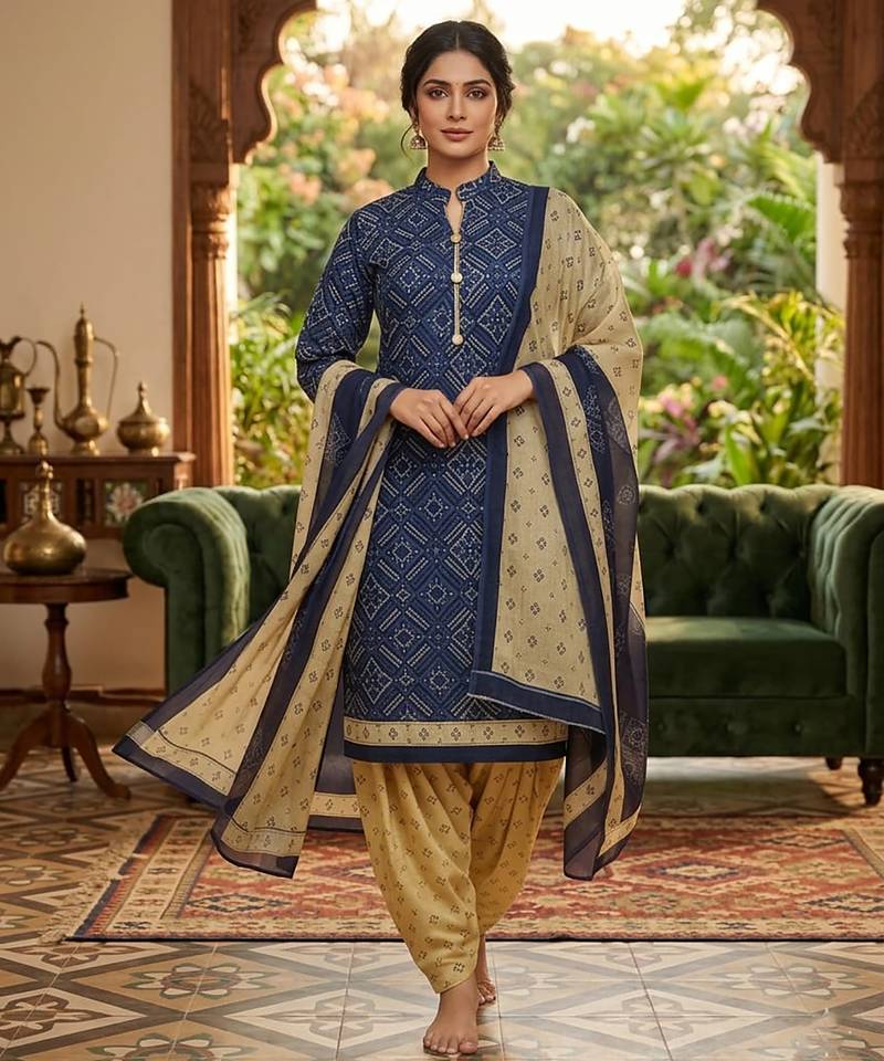 Blue printed cotton blend stitched geometric print salwar kurta dupatta for women